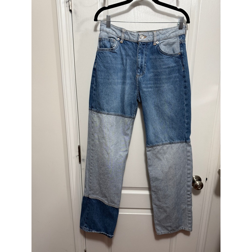 MNG Patchwork Denim Jeans Women's 6 Blue Contrast Stitched Straight Leg boho